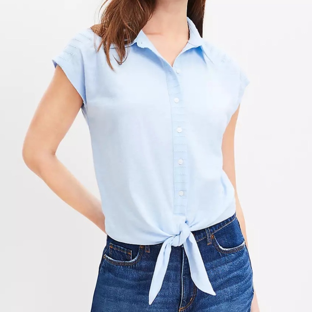 NEW Loft Medium Dobby Stripe Modern Tie Front Button Down Top Shirt